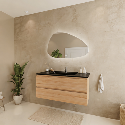 Meuble suspendu contemporain avec vasque marbre minéral noir - Chêne - 100 cm - Marenza