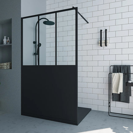 Paroi de douche style atelier avec verre teinté noir - Noir mat - 120 cm - URBANIK