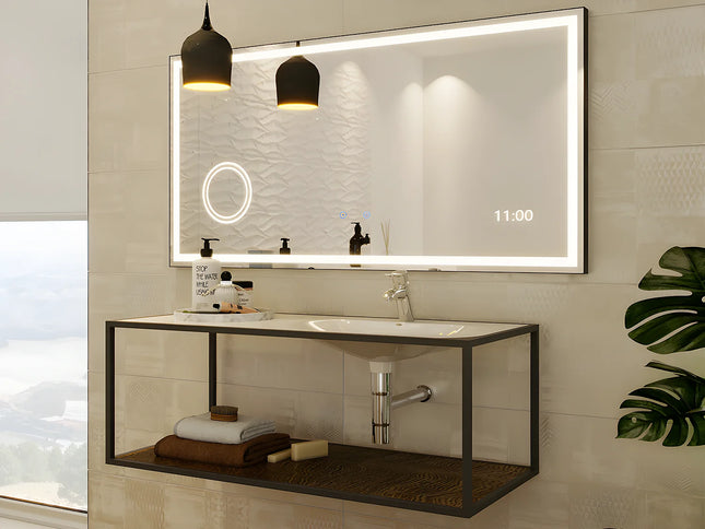 Miroir lumineux LED avec horloge digitale et anti-buée - Doré - 120 cm - AITANA