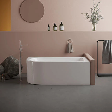 Baignoire d'angle asymétrique avec tablier non démontable - Blanc brillant - 150 cm - ANIKA