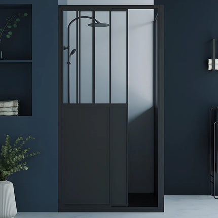 Paroi et porte de douche style industriel avec porte coulissante - noir mat - 100 cm - URBANIK