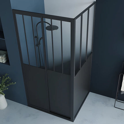 Paroi et porte de douche style industriel avec porte coulissante - noir mat - 100 cm - URBANIK