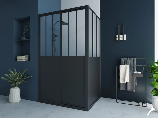 Paroi et porte de douche style industriel noir mat - 120 cm - URBANIK