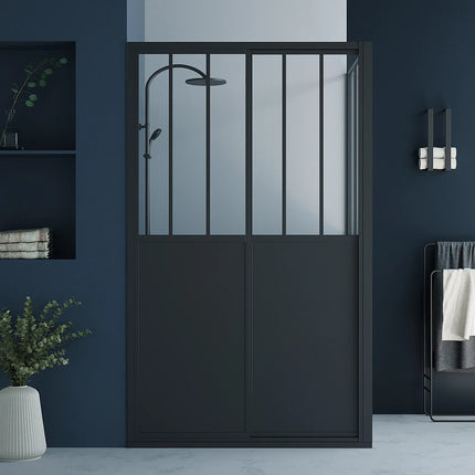 Paroi et porte de douche style industriel noir mat - 120 cm - URBANIK