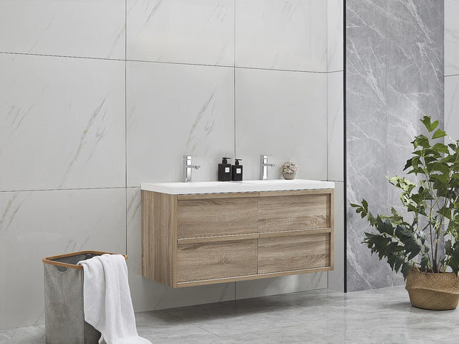 Meuble de salle de bain suspendu avec vasque à encastrer - Naturel clair et blanc - 120 cm - Les éphémères