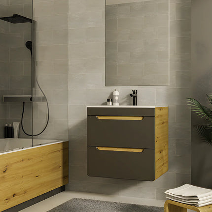 Meuble sous vasque suspendu avec vasque à encastrer - naturel clair et blanc - 60 cm - ARUBA