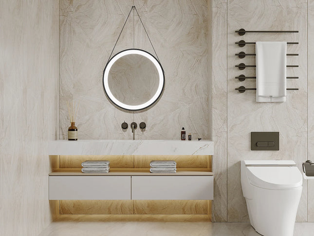 Miroir lumineux rond avec éclairage LED et anti-buée - noir mat - 60 cm - BORJA