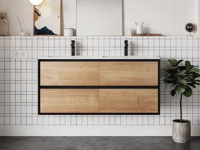 Meuble de salle de bain industriel avec vasque à encastrer - Blanc et naturel clair - 80 cm - Les éphémères
