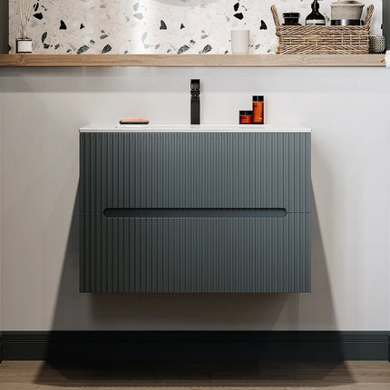 Meuble de salle de bain suspendu rainuré avec vasque à encastrer - Gris - 80 cm - Les éphémères