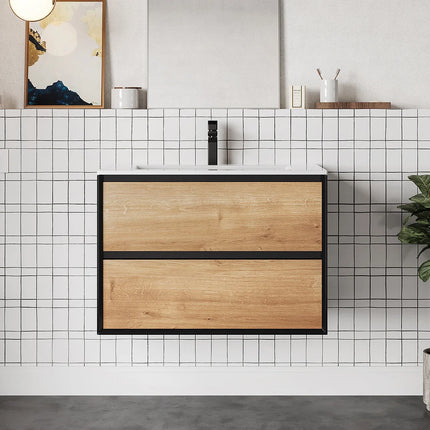 Meuble de salle de bain suspendu style industriel avec vasque à encastrer - Naturel clair et noir - 80 cm - Les éphémères