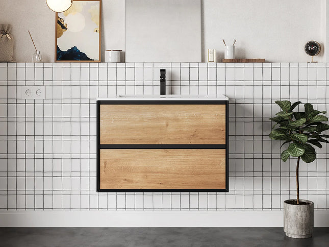 Meuble de salle de bain suspendu style industriel avec vasque à encastrer - Naturel clair et noir - 80 cm - Les éphémères