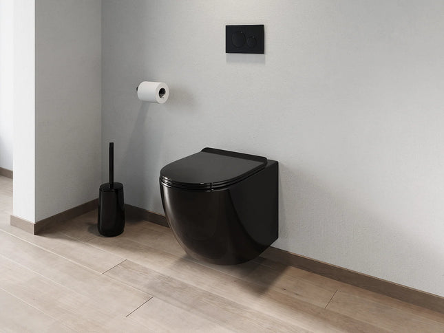 WC suspendu sans bride brillant avec bâti-support et plaque de déclenchement - noir - 36 cm - JAVOINE