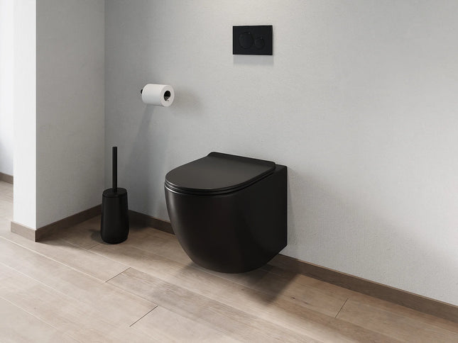 WC suspendu sans bride avec bâti-support et plaque double touche - Noir mat - 36 cm - Les Essentiels