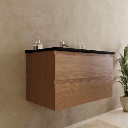 Meuble suspendu avec vasque en marbre minéral - Noir - 80 cm - Marenza