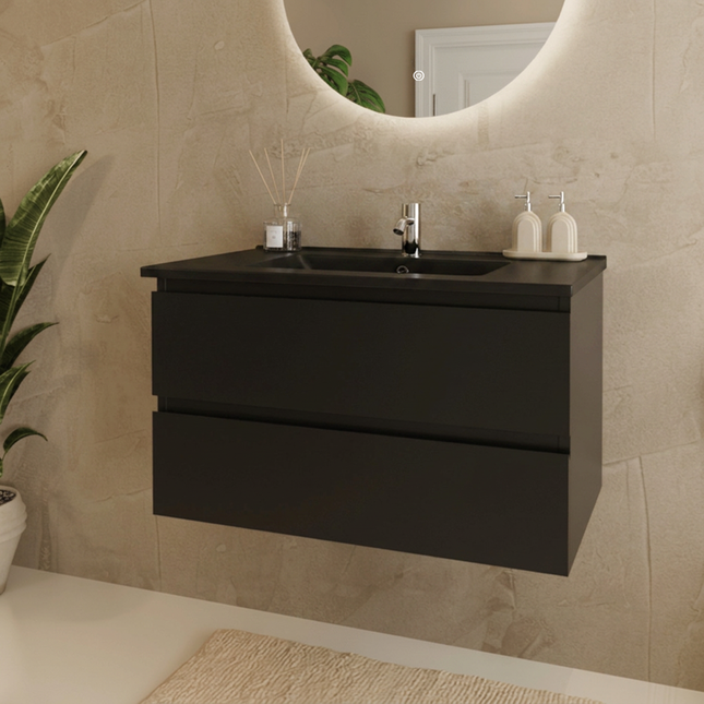 Meuble de salle de bains suspendu mat noir avec vasque en marbre minéral noire - 80 cm - Marenza