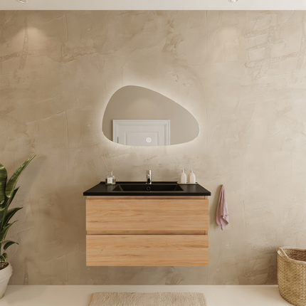Meuble de salle de bains suspendu chêne clair avec vasque noire en marbre minéral - 80 cm - Marenza