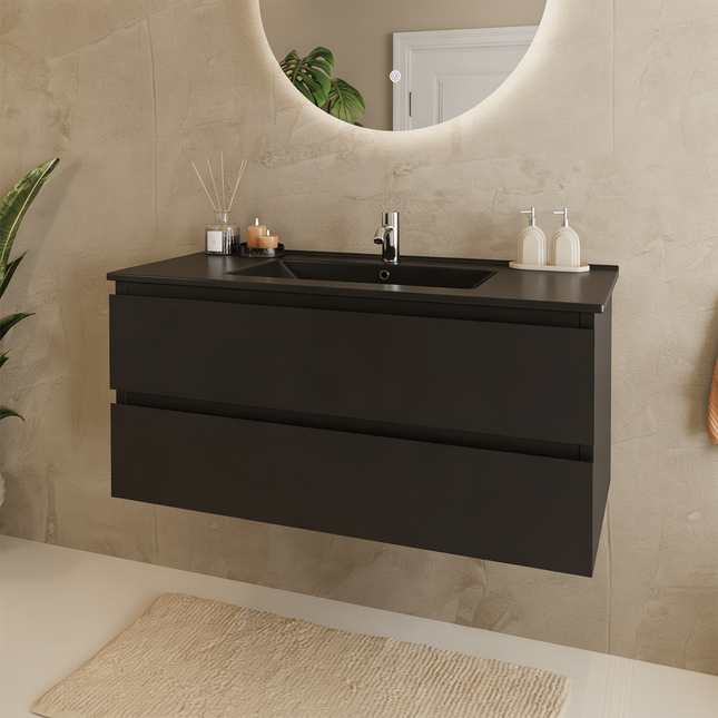 Meuble de salle de bains suspendu design épuré avec lavabo minéral - noir - 100 cm - Marenza