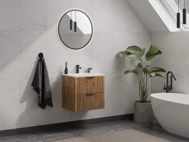Meuble de salle de bain rainuré suspendu avec vasque à encastrer - Naturel clair - 60 cm - ZEVARA