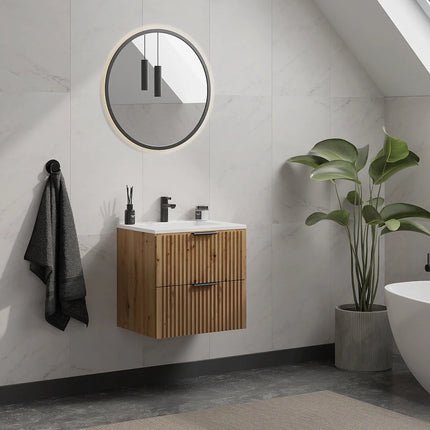 Meuble de salle de bain rainuré avec vasque à encastrer - Naturel clair et blanc - 60 cm - ZEVARA