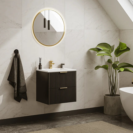 Meuble de salle de bain rainuré avec vasque à encastrer - Naturel clair et blanc - 60 cm - ZEVARA