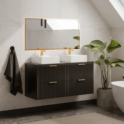 Meuble sous vasque rainuré avec 2 tiroirs - Beige - 60 cm - ZEVARA