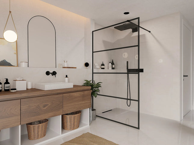 Paroi de douche à l'italienne style industriel noir mat - 120 cm - INAYA II