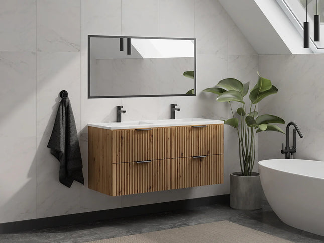Meuble de salle de bain rainuré avec vasque à encastrer double - Noir - 120 cm - ZEVARA