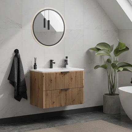 Meuble de salle de bain rainuré avec vasque à encastrer - Naturel clair - 80 cm - ZEVARA