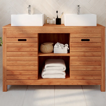 Meuble sous vasque à poser en acacia avec vasques à poser carrées - naturel foncé - 130 cm - PULUKAN