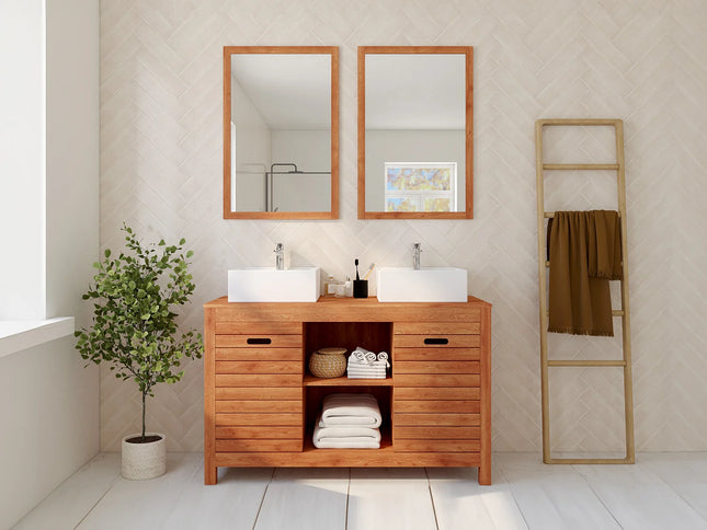 Meuble sous vasque à poser en acacia avec vasques à poser carrées - naturel foncé - 130 cm - PULUKAN