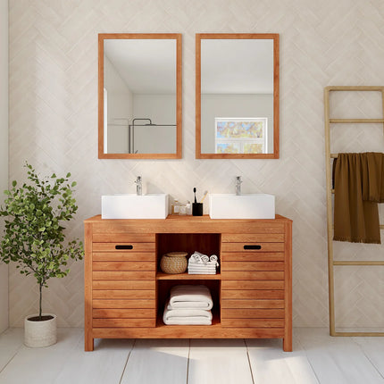 Meuble de salle de bain à poser avec double vasque - naturel foncé - 130 cm - PULUKAN