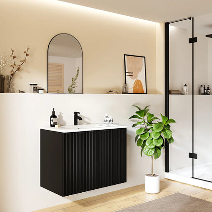Meuble de salle de bain strié avec vasque à encastrer - Noir - 80 cm - Good for Planet