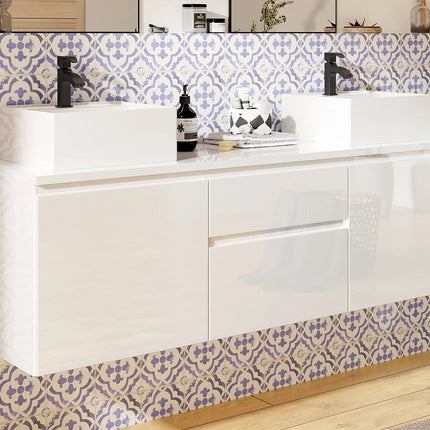 Meuble de salle de bain suspendu finition lisse brillant avec double vasque à poser - Blanc - 150 cm - JIMENA II