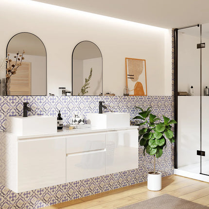 Meuble de salle de bain suspendu finition lisse brillant avec double vasque à poser - Blanc - 150 cm - JIMENA II