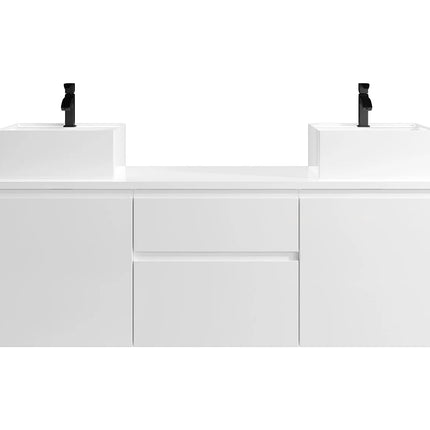 Meuble de salle de bain suspendu finition lisse brillant avec double vasque à poser - Blanc - 150 cm - JIMENA II