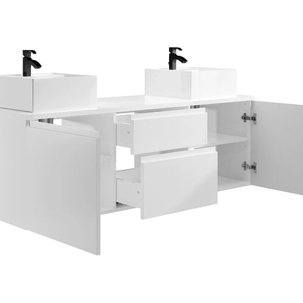 Meuble de salle de bain suspendu finition lisse brillant avec double vasque à poser - Blanc - 150 cm - JIMENA II
