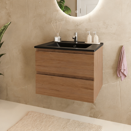 Meuble de salle de bains suspendu finition chêne chaud avec vasque en marbre minéral noir - 60 cm - Marenza