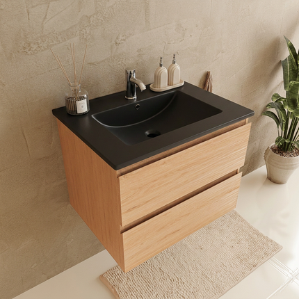 Meuble de salle de bain suspendu design contemporain avec vasque en marbre minéral - noir et chêne clair - 60 cm - Marenza