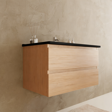 Meuble de salle de bains suspendu chêne clair avec vasque noire en marbre minéral - 80 cm - Marenza