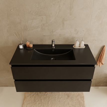 Meuble de salle de bains suspendu design épuré avec lavabo minéral - noir - 100 cm - Marenza