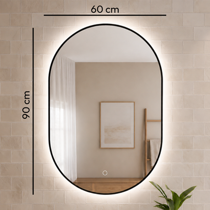 Miroir ovale avec éclairage LED réglable - cadre noir - 90 cm - Tanger