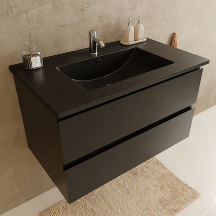 Meuble de salle de bains suspendu mat noir avec vasque en marbre minéral noire - 80 cm - Marenza