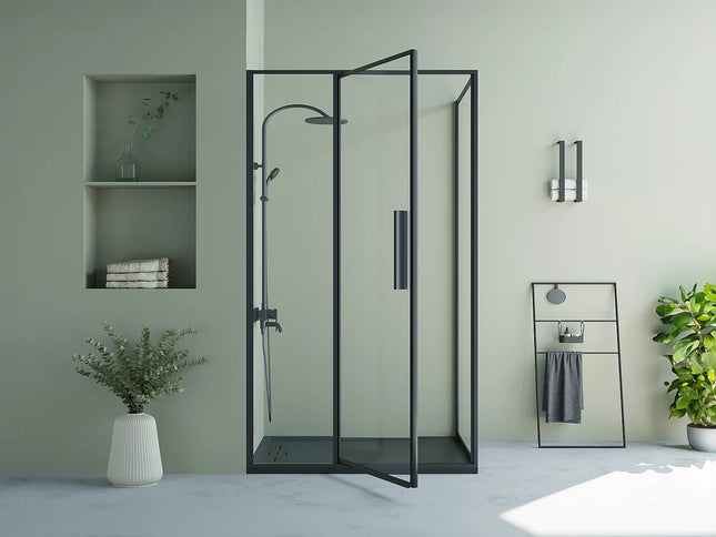 Paroi de douche avec porte battante style industriel finition noir mat - 120 cm - TORONI