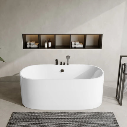Baignoire îlot ovale finition mate avec robinetterie noire - Blanche - 150 cm - STEPONA