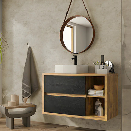 Meuble sous vasque suspendu esprit loft avec 2 tiroirs soft close - naturel et anthracite - 100 cm - TIKITIKI