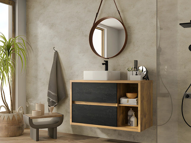 Meuble sous vasque suspendu esprit loft avec 2 tiroirs soft close - naturel et anthracite - 100 cm - TIKITIKI