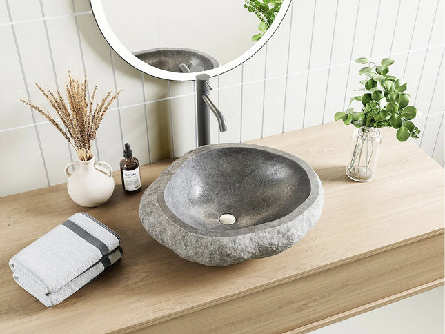 Vasque de salle de bain en pierre naturelle avec vasque ronde - Gris - 25 cm - STONE