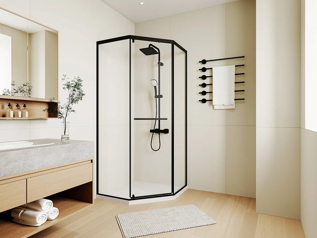 Paroi de douche d’angle pentagonale mat avec receveur - Noir - 90 cm - CRISTELIO