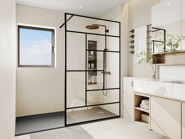 Paroi de douche style industriel avec finition sérigraphie noire mat - 120 cm - SEFANA II
