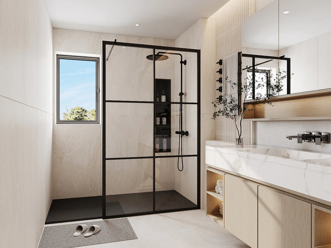 Paroi de douche à l'italienne sérigraphiée mat avec barre de stabilisation - Noir mat - 120 cm - VENTANITA